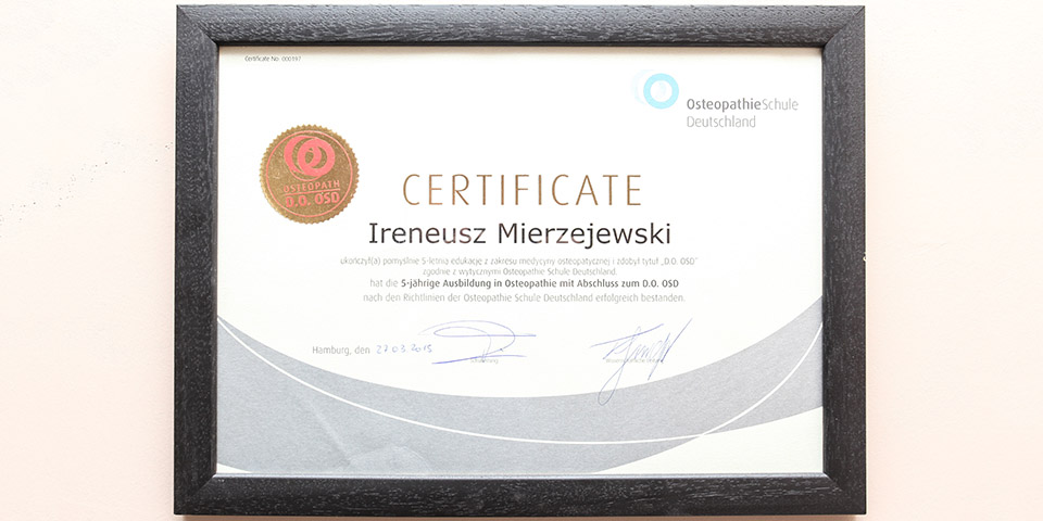 Osteopata Wrocław - Ireneusz Mierzejewski certyfikat ukończenia 5 letniej edukacji
